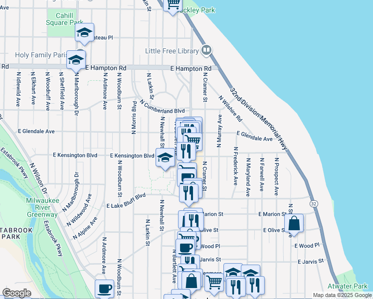 map of restaurants, bars, coffee shops, grocery stores, and more near 4483 North Oakland Avenue in Shorewood