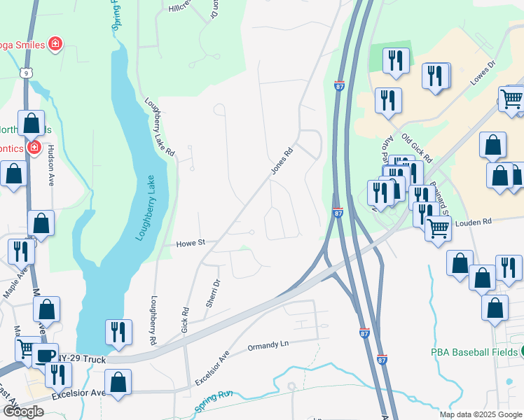 map of restaurants, bars, coffee shops, grocery stores, and more near 70 Loughberry Mobile Home Park in Saratoga Springs