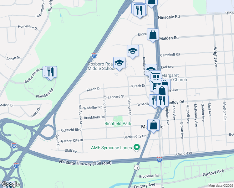 map of restaurants, bars, coffee shops, grocery stores, and more near 223 Leonard Street in Syracuse