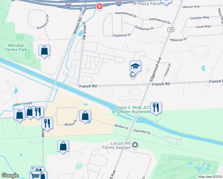 map of restaurants, bars, coffee shops, grocery stores, and more near 607 French Road in Rochester
