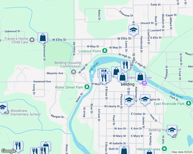 map of restaurants, bars, coffee shops, grocery stores, and more near 101 South Front Street in Belding