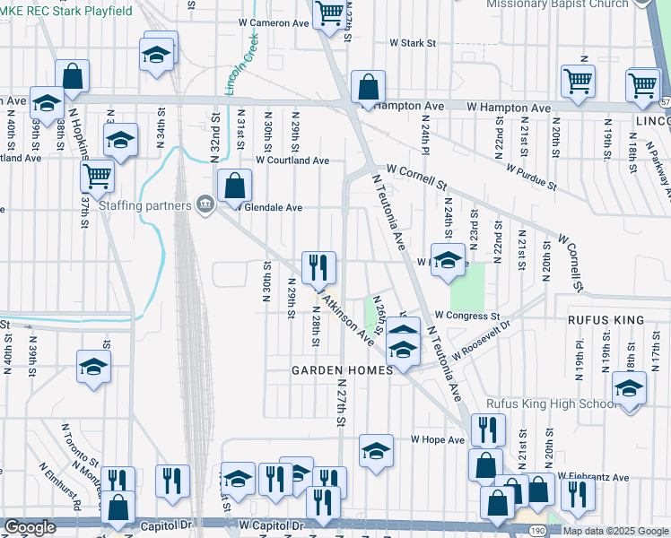 map of restaurants, bars, coffee shops, grocery stores, and more near 4428 North 27th Street in Milwaukee