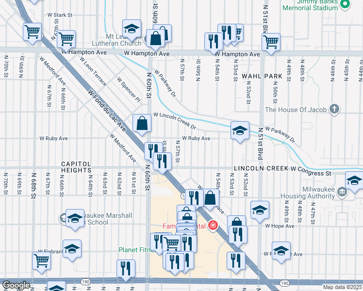 map of restaurants, bars, coffee shops, grocery stores, and more near 4428 North 57th Street in Milwaukee