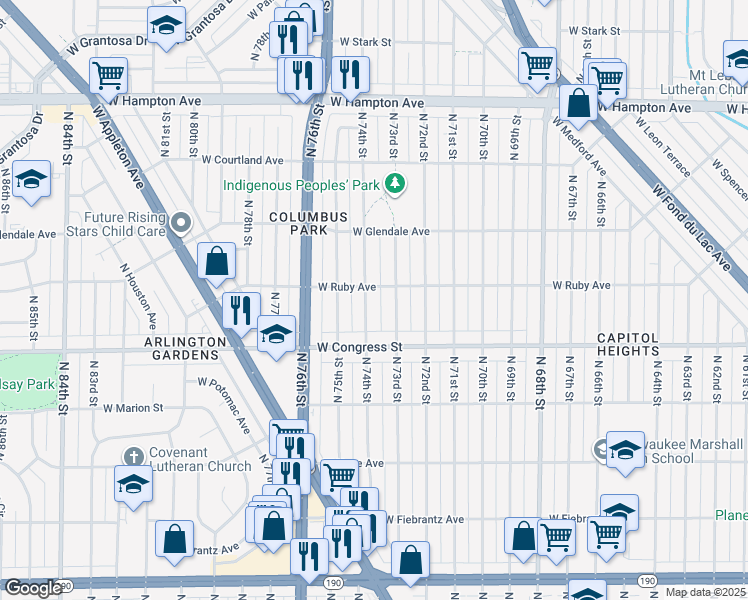 map of restaurants, bars, coffee shops, grocery stores, and more near 4435 North 73rd Street in Milwaukee