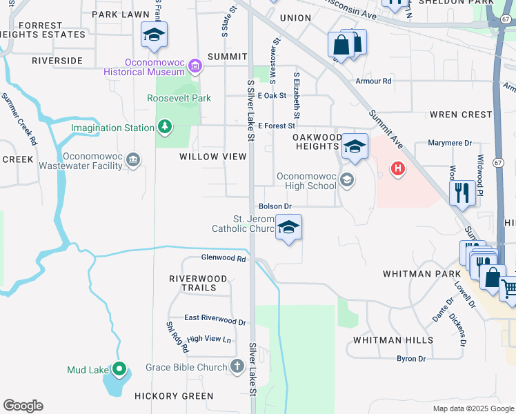 map of restaurants, bars, coffee shops, grocery stores, and more near 971 South Silver Lake Street in Oconomowoc