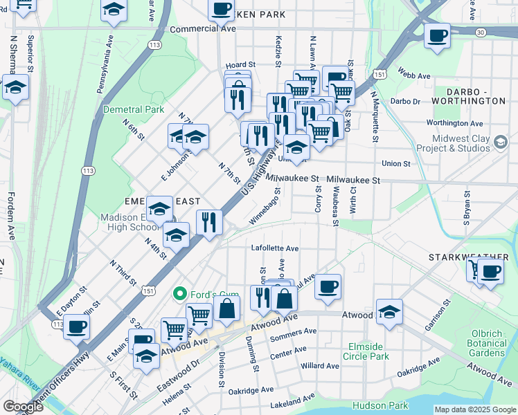 map of restaurants, bars, coffee shops, grocery stores, and more near 119 Division Street in Madison