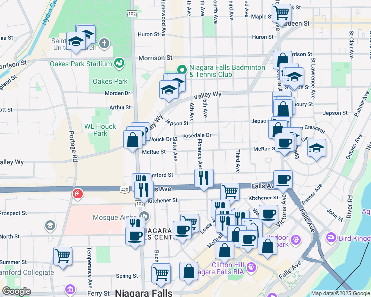 map of restaurants, bars, coffee shops, grocery stores, and more near 5249 McRae Street in Niagara Falls