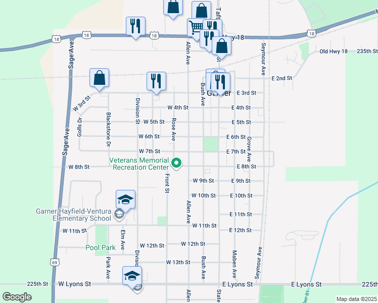 map of restaurants, bars, coffee shops, grocery stores, and more near 699 Allen Ave in Garner
