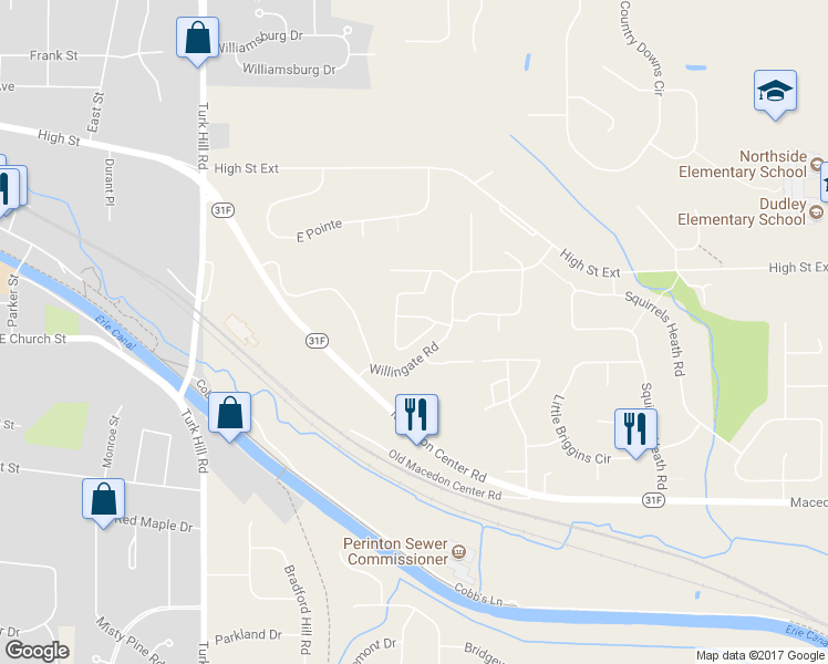 map of restaurants, bars, coffee shops, grocery stores, and more near 17 Broxbourne Drive in Fairport