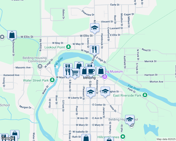 map of restaurants, bars, coffee shops, grocery stores, and more near 100 Depot Street in Belding