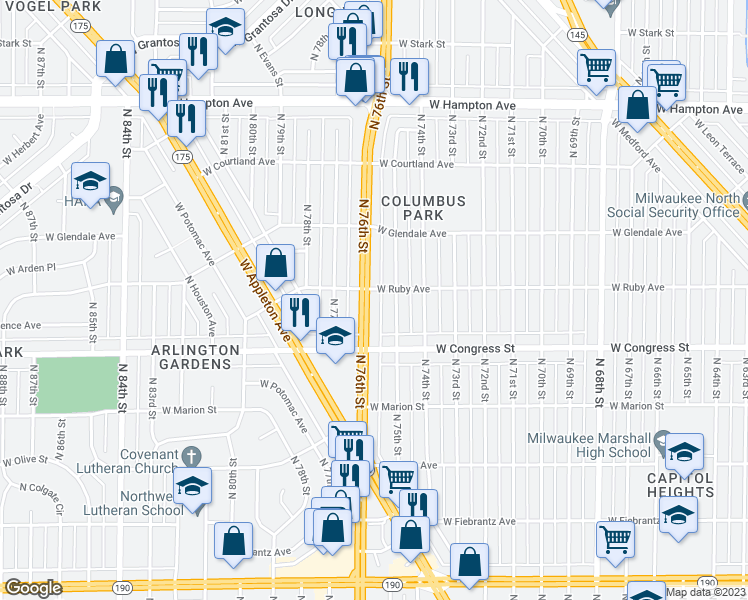 map of restaurants, bars, coffee shops, grocery stores, and more near 4468 North 76th Street in Milwaukee