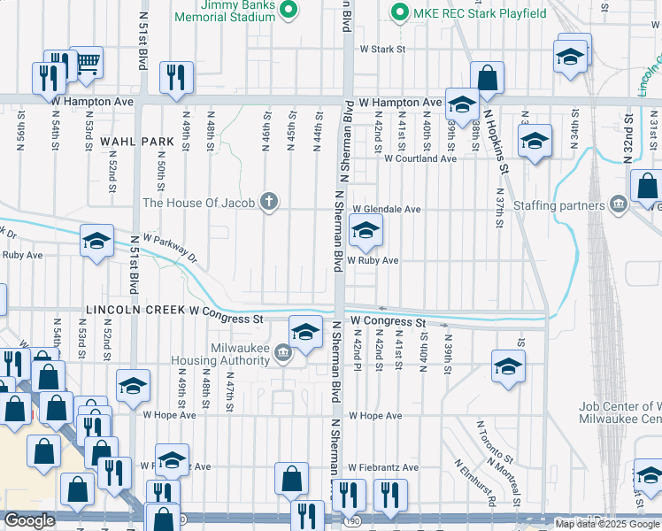 map of restaurants, bars, coffee shops, grocery stores, and more near 4521 North Sherman Boulevard in Milwaukee