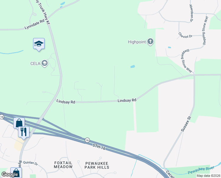 map of restaurants, bars, coffee shops, grocery stores, and more near N44W25902 Lindsay Road in Pewaukee