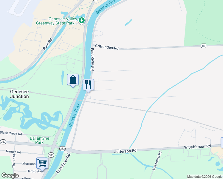 map of restaurants, bars, coffee shops, grocery stores, and more near Riverside Drive in Rochester