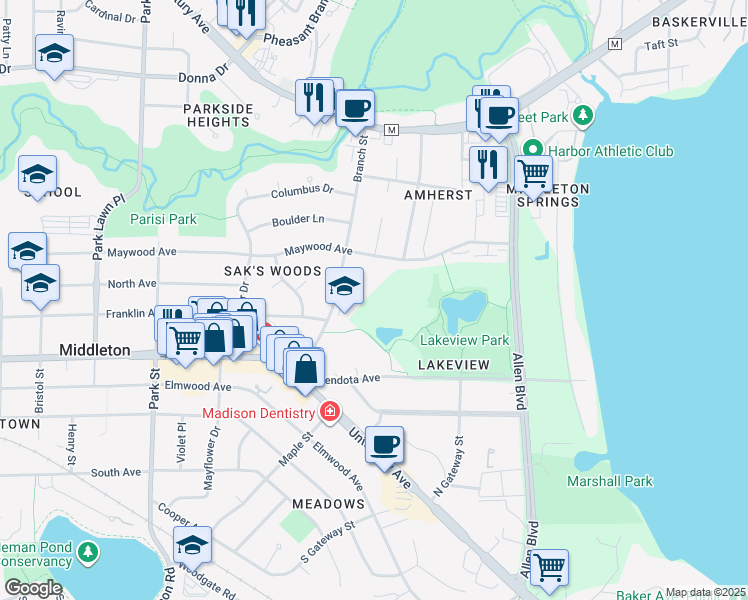 map of restaurants, bars, coffee shops, grocery stores, and more near 2205 Branch Street in Middleton