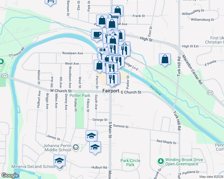 map of restaurants, bars, coffee shops, grocery stores, and more near 99 South Main Street in Fairport