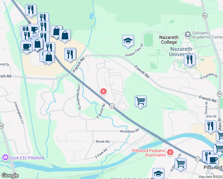 map of restaurants, bars, coffee shops, grocery stores, and more near 240 Brittany Lane in Pittsford