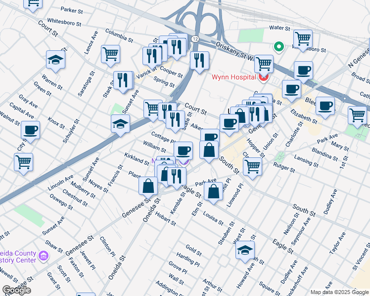 map of restaurants, bars, coffee shops, grocery stores, and more near in Utica