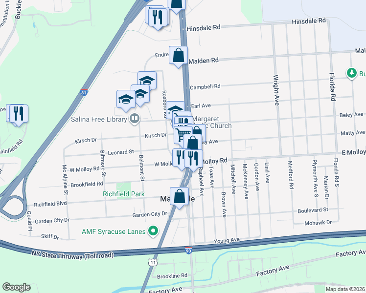 map of restaurants, bars, coffee shops, grocery stores, and more near 2307 Brewerton Road in Mattydale