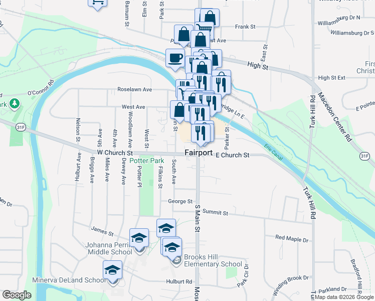 map of restaurants, bars, coffee shops, grocery stores, and more near 37 Perrin Street in Fairport