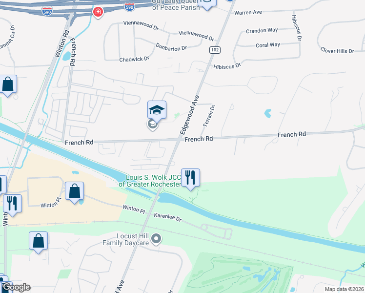 map of restaurants, bars, coffee shops, grocery stores, and more near 484 French Road in Rochester