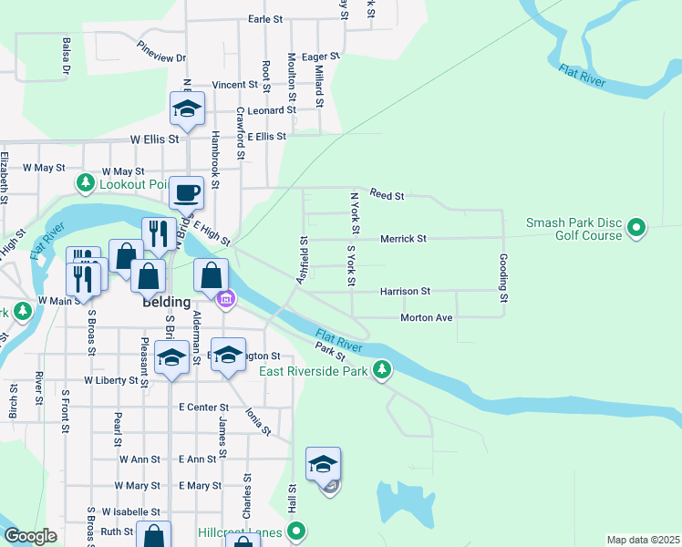 map of restaurants, bars, coffee shops, grocery stores, and more near 534 Crooks Street in Belding
