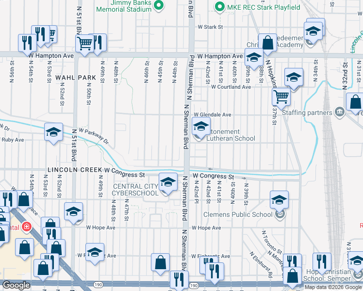map of restaurants, bars, coffee shops, grocery stores, and more near 4521 North Sherman Boulevard in Milwaukee