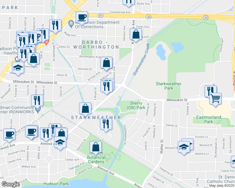 map of restaurants, bars, coffee shops, grocery stores, and more near 7 South Fair Oaks Avenue in Madison