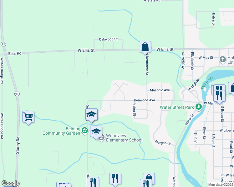 map of restaurants, bars, coffee shops, grocery stores, and more near 121 Jacklyn Street in Belding