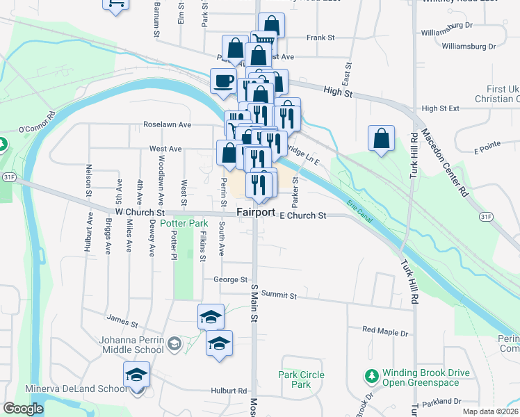 map of restaurants, bars, coffee shops, grocery stores, and more near 99 South Main Street in Fairport