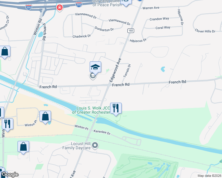 map of restaurants, bars, coffee shops, grocery stores, and more near 484 French Road in Rochester