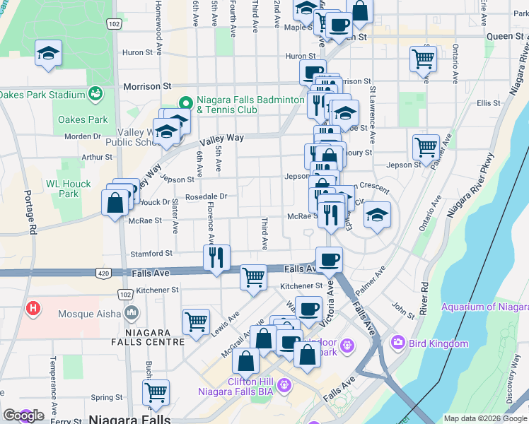 map of restaurants, bars, coffee shops, grocery stores, and more near 5214 Third Avenue in Niagara Falls
