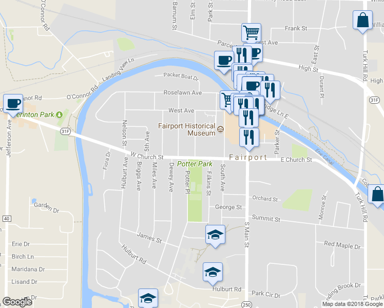 map of restaurants, bars, coffee shops, grocery stores, and more near 56 West Church Street in Fairport