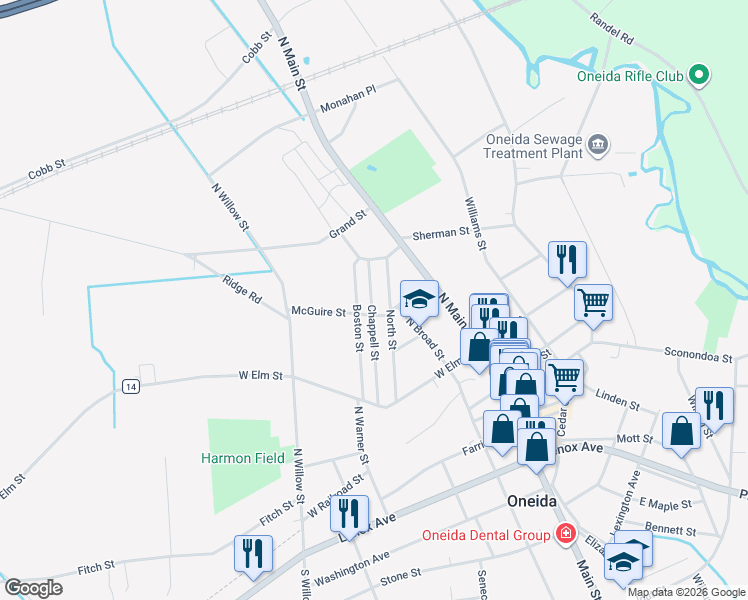 map of restaurants, bars, coffee shops, grocery stores, and more near 318 Boston Street in Oneida
