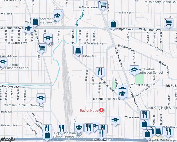map of restaurants, bars, coffee shops, grocery stores, and more near 4521 North 29th Street in Milwaukee