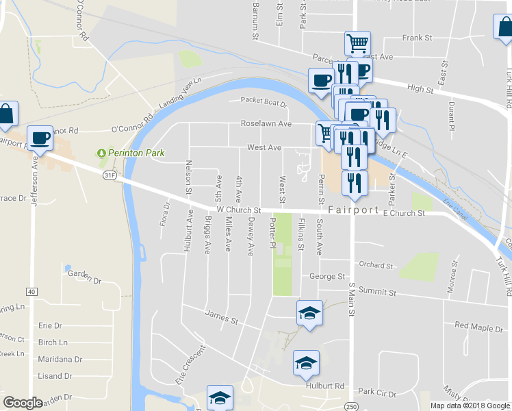 map of restaurants, bars, coffee shops, grocery stores, and more near 80 West Church Street in Fairport