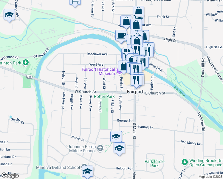 map of restaurants, bars, coffee shops, grocery stores, and more near 44 West Church Street in Fairport