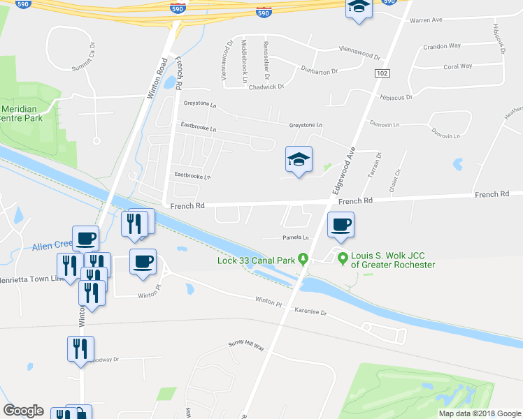map of restaurants, bars, coffee shops, grocery stores, and more near 517 French Road in Rochester
