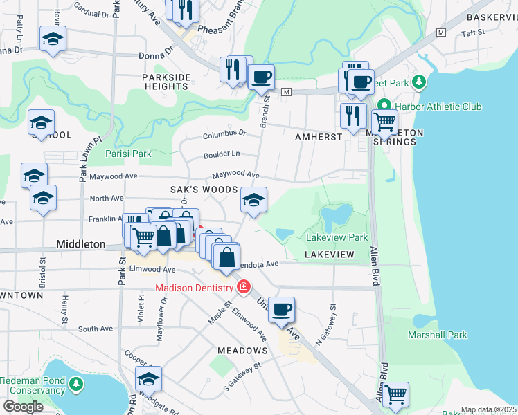 map of restaurants, bars, coffee shops, grocery stores, and more near 2205 Branch Street in Middleton