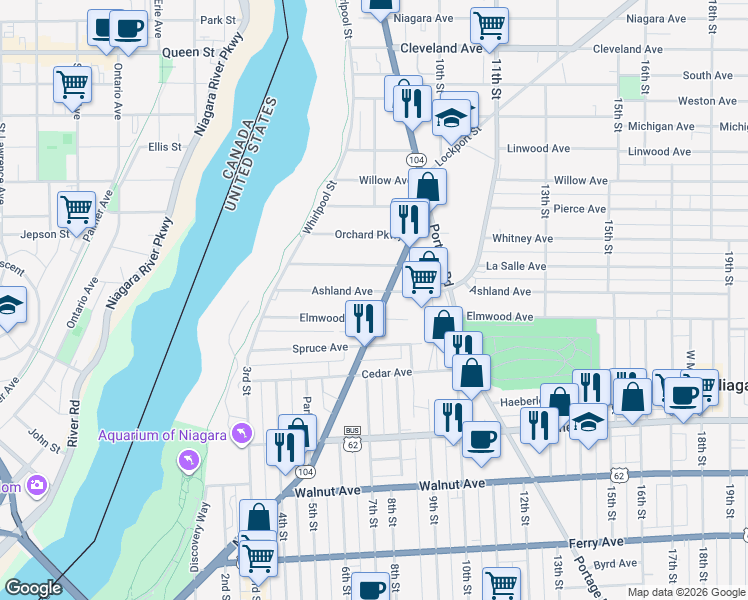 map of restaurants, bars, coffee shops, grocery stores, and more near 1022 Main Street in Niagara Falls