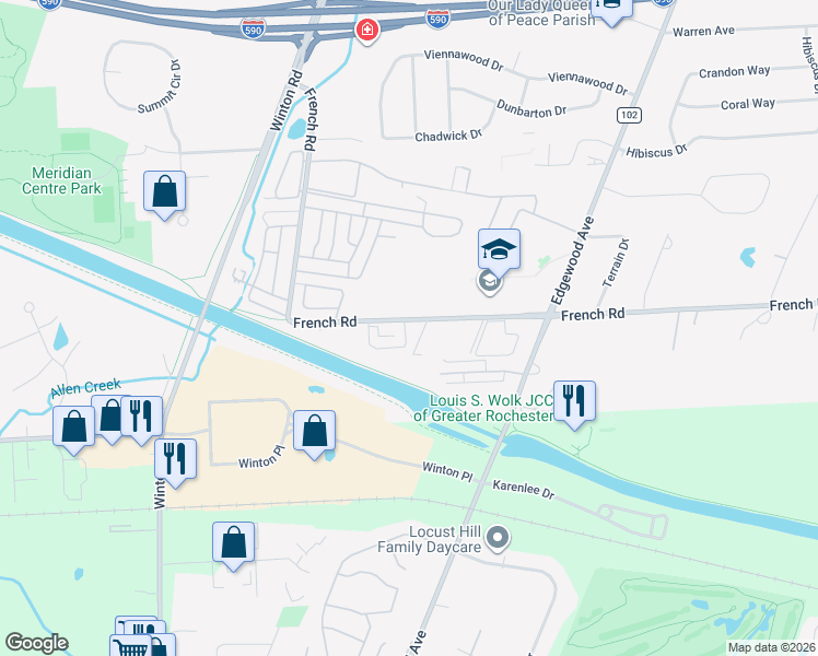 map of restaurants, bars, coffee shops, grocery stores, and more near 541 French Road in Rochester