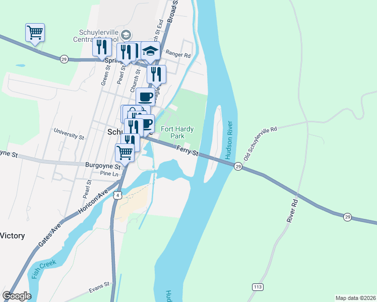 map of restaurants, bars, coffee shops, grocery stores, and more near 3 Ferry Street in Schuylerville