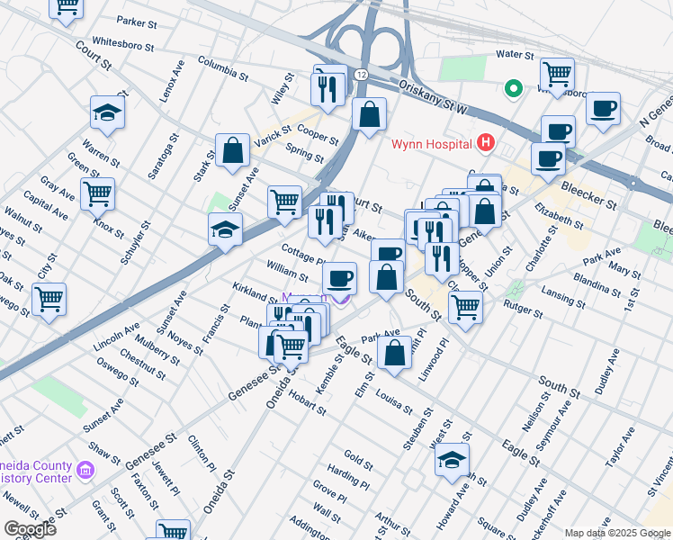map of restaurants, bars, coffee shops, grocery stores, and more near in Utica