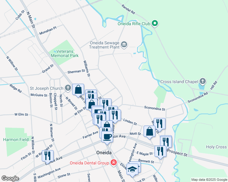 map of restaurants, bars, coffee shops, grocery stores, and more near 124 Lake Street in Oneida