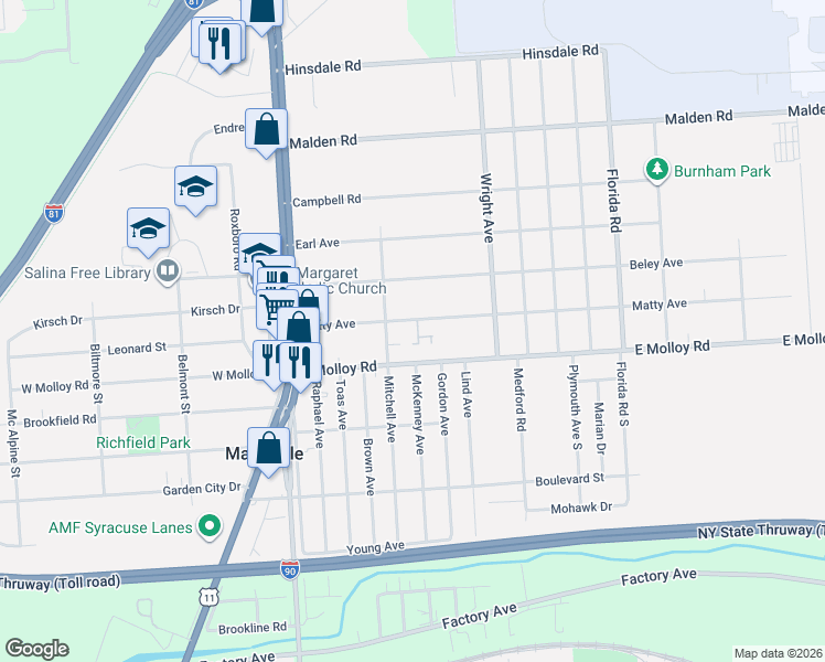 map of restaurants, bars, coffee shops, grocery stores, and more near 215 Matty Avenue in Mattydale