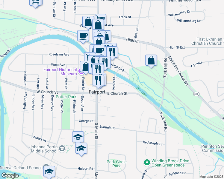 map of restaurants, bars, coffee shops, grocery stores, and more near 18 Pleasant Street in Fairport
