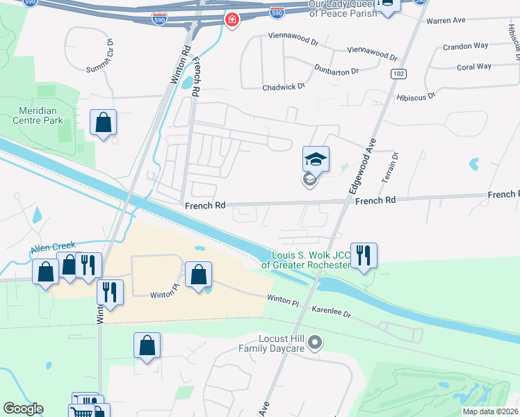 map of restaurants, bars, coffee shops, grocery stores, and more near 541 French Road in Rochester