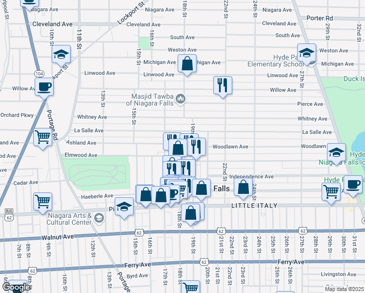 map of restaurants, bars, coffee shops, grocery stores, and more near 1748 Ashland Avenue in Niagara Falls