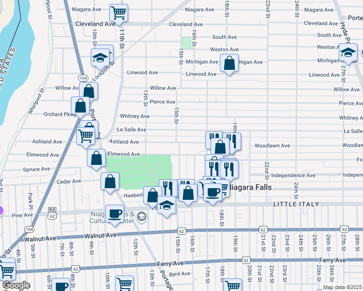 map of restaurants, bars, coffee shops, grocery stores, and more near 1109 15th Street in Niagara Falls