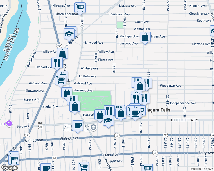 map of restaurants, bars, coffee shops, grocery stores, and more near 1336 Ashland Avenue in Niagara Falls